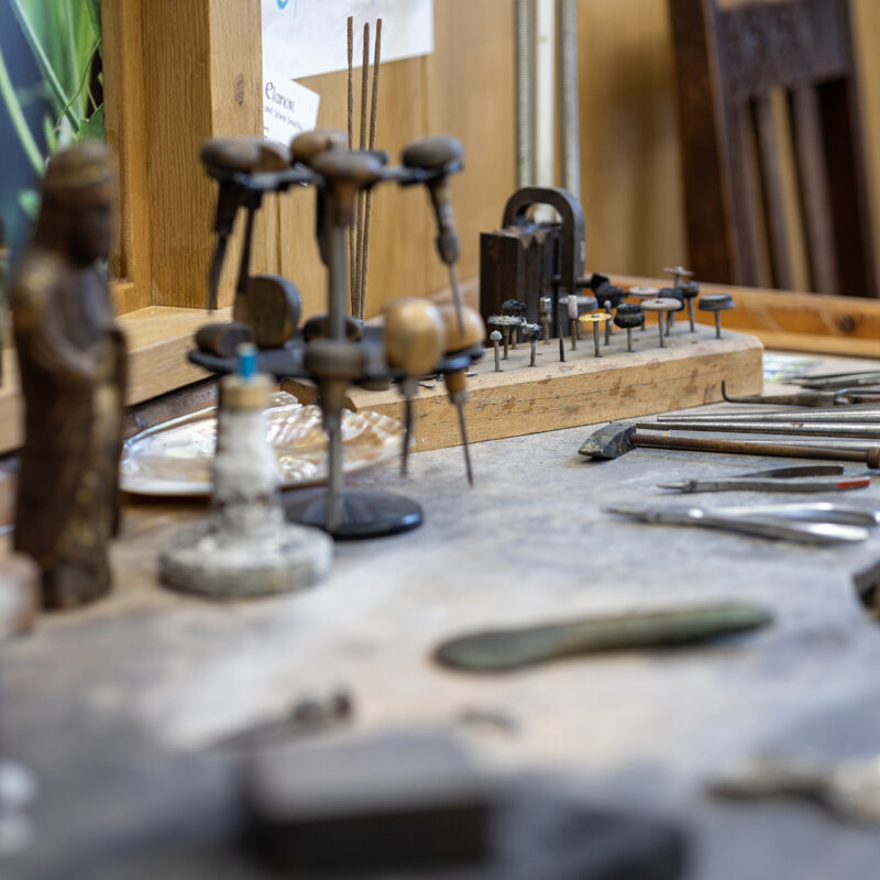 Close up of a workbench of a jeweler
